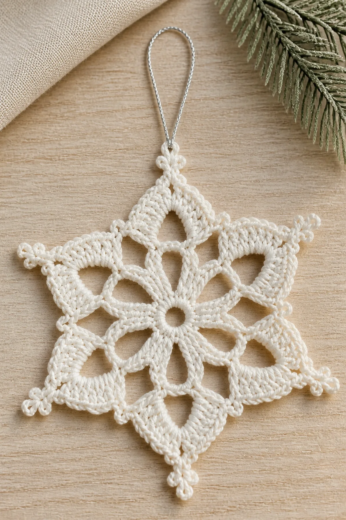 Close-up of crochet stitches and finishing details in ivory and silver