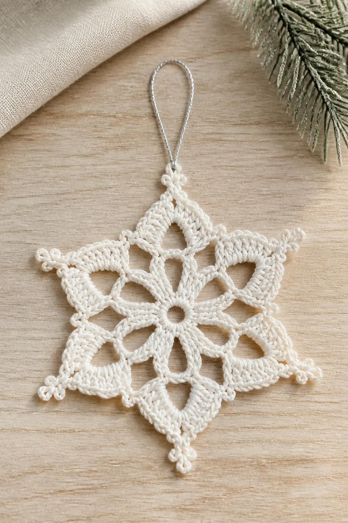 Finished flat ivory six-point lace snowflake with chain spaces, picot tips, and silver hanging loop in a warm natural setting