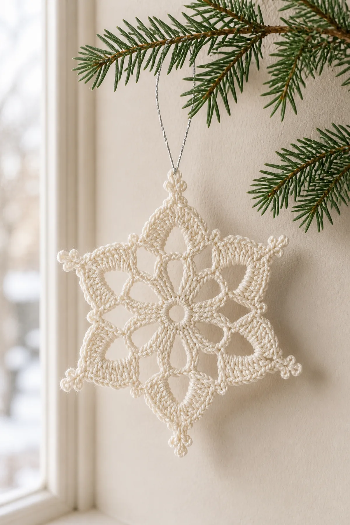 Finished crochet snowflake ornament displayed in a cozy home setting