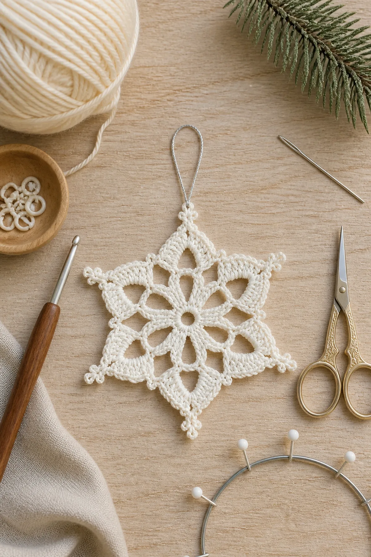 Materials in ivory and silver with crochet hook, needle, markers, scissors, and tape