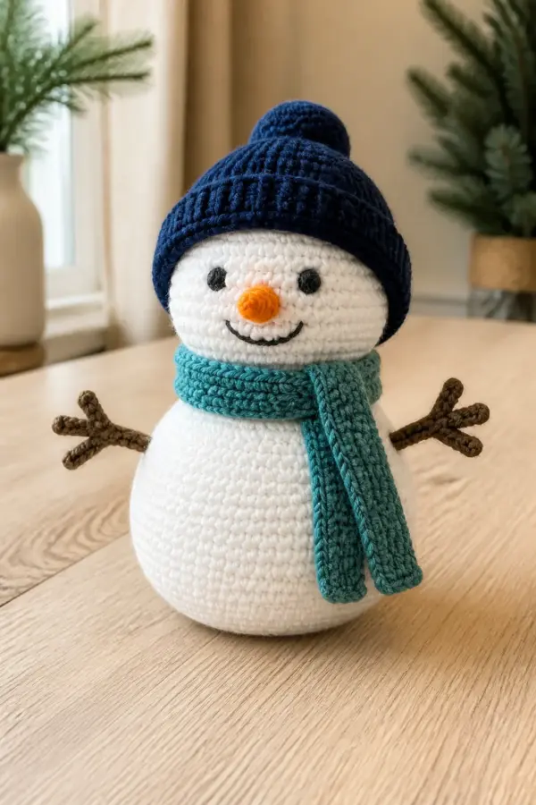 Finished white two-section snowman with embroidered face, orange yarn nose, teal scarf, navy beanie, and brown crochet arms in a warm natural setting