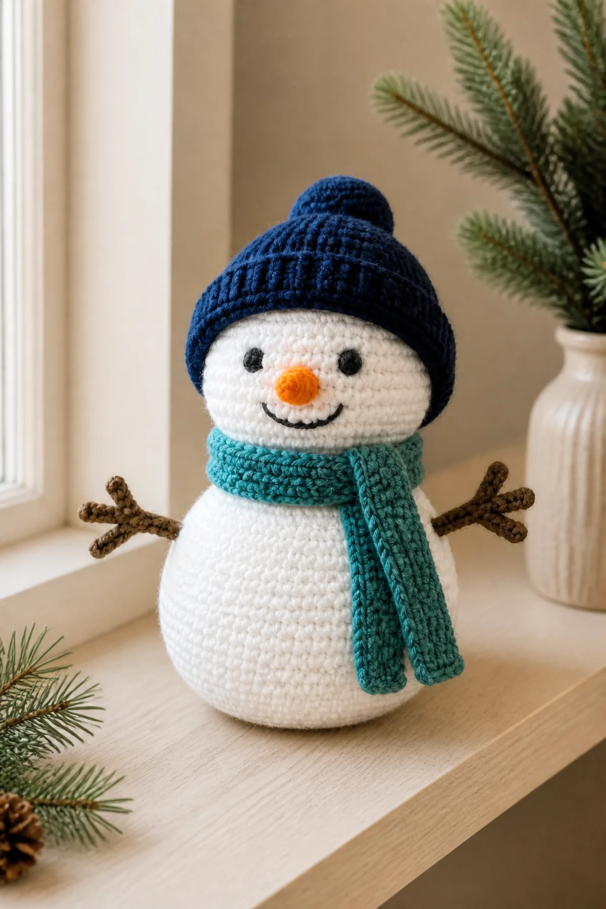 Finished crochet snowman amigurumi displayed in a cozy home setting