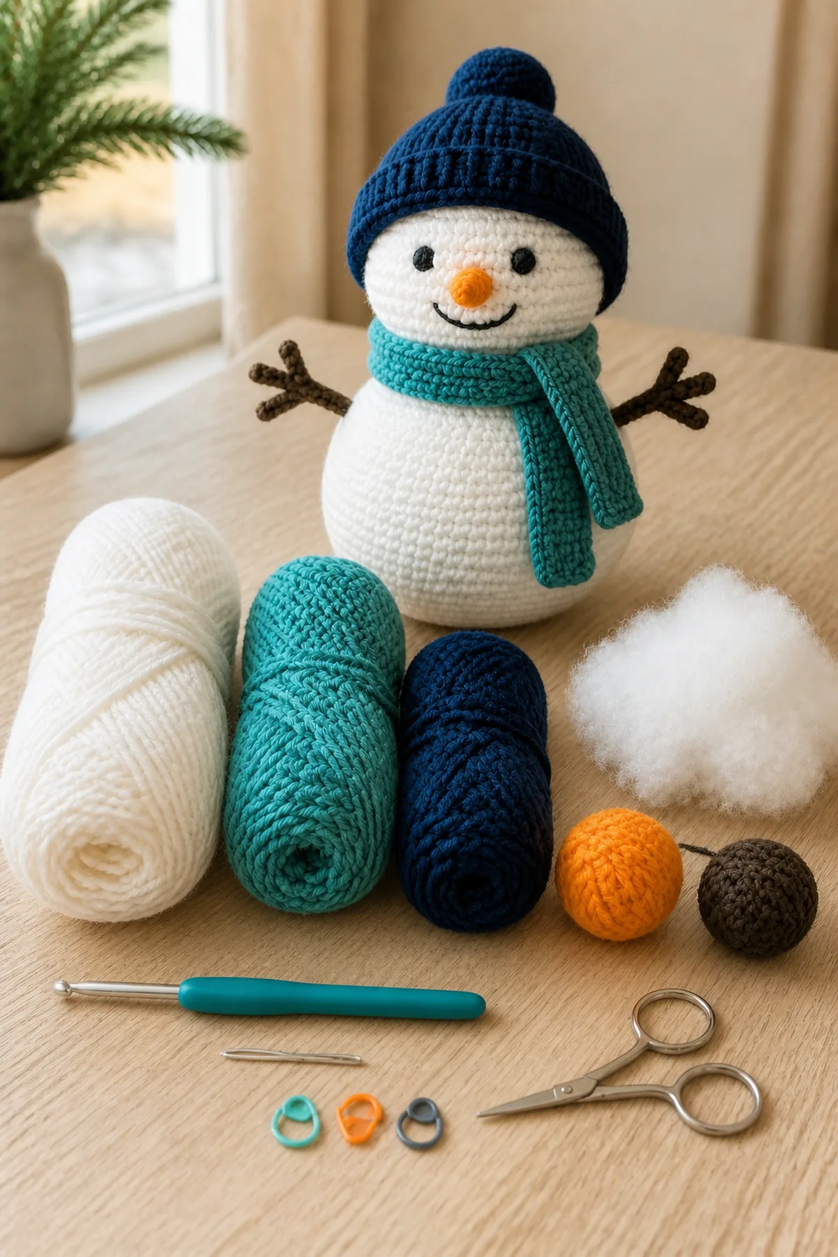 Materials in white, navy, teal, orange, brown, and charcoal with crochet hook, needle, markers, scissors, and tape