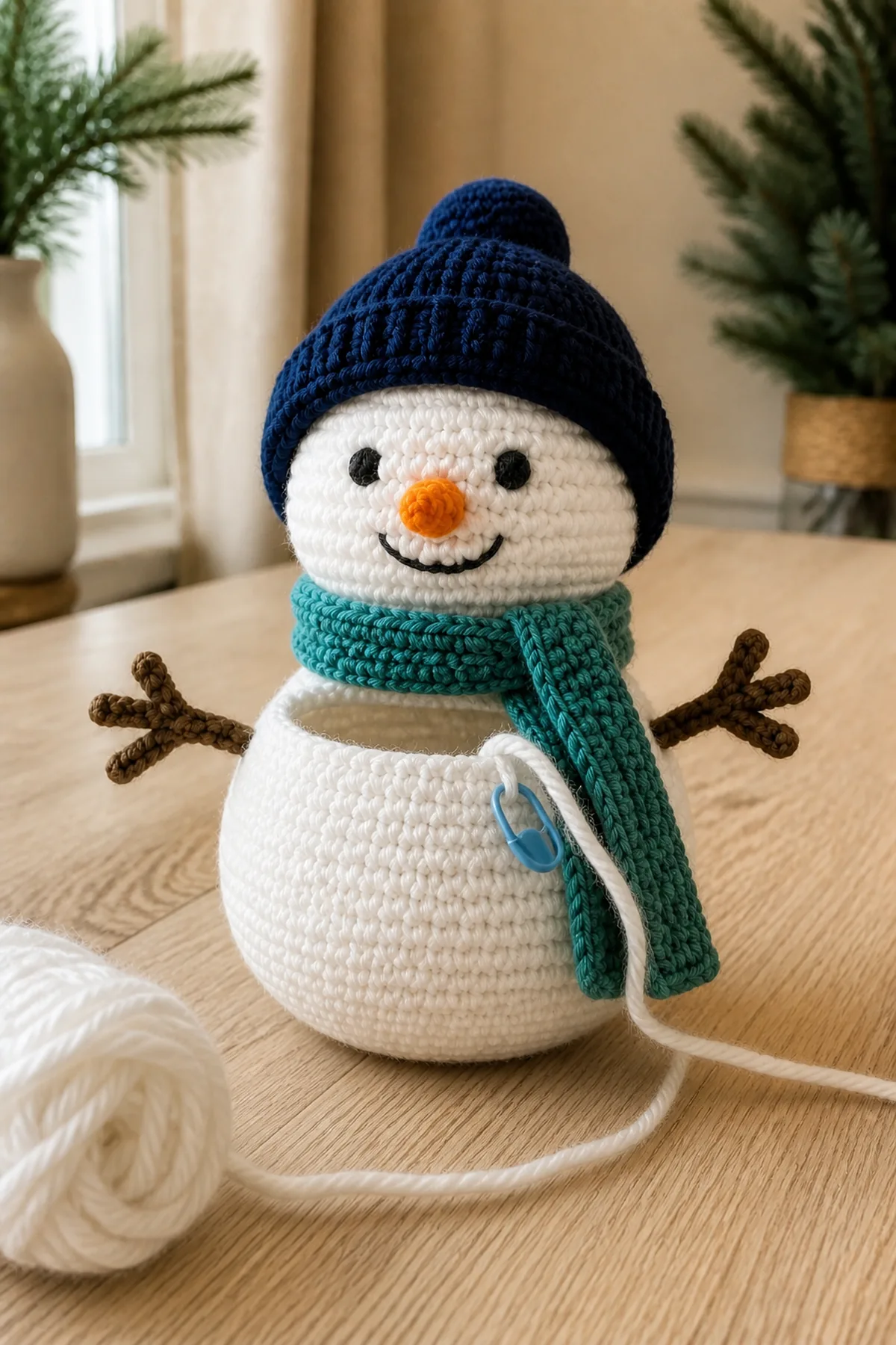 Early construction stage of the crochet snowman amigurumi