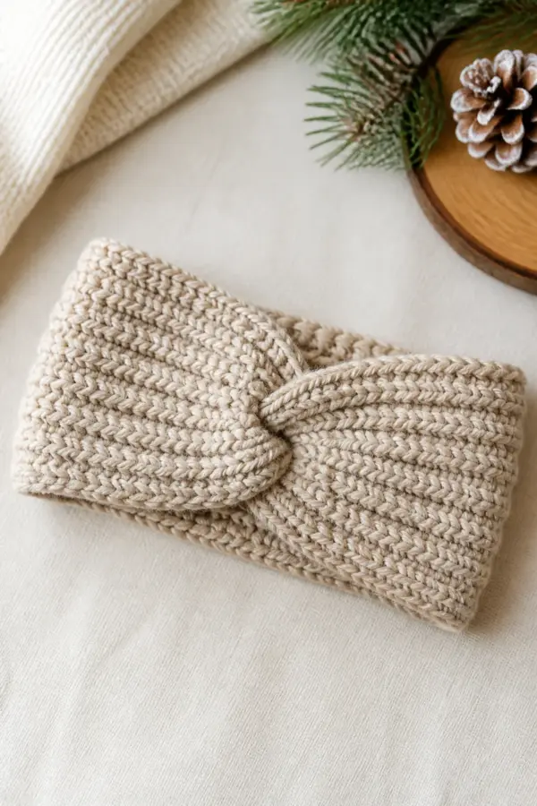 Finished oatmeal bulky crochet ear-warmer with deep ribbing and a clean centered front twist in a warm natural setting