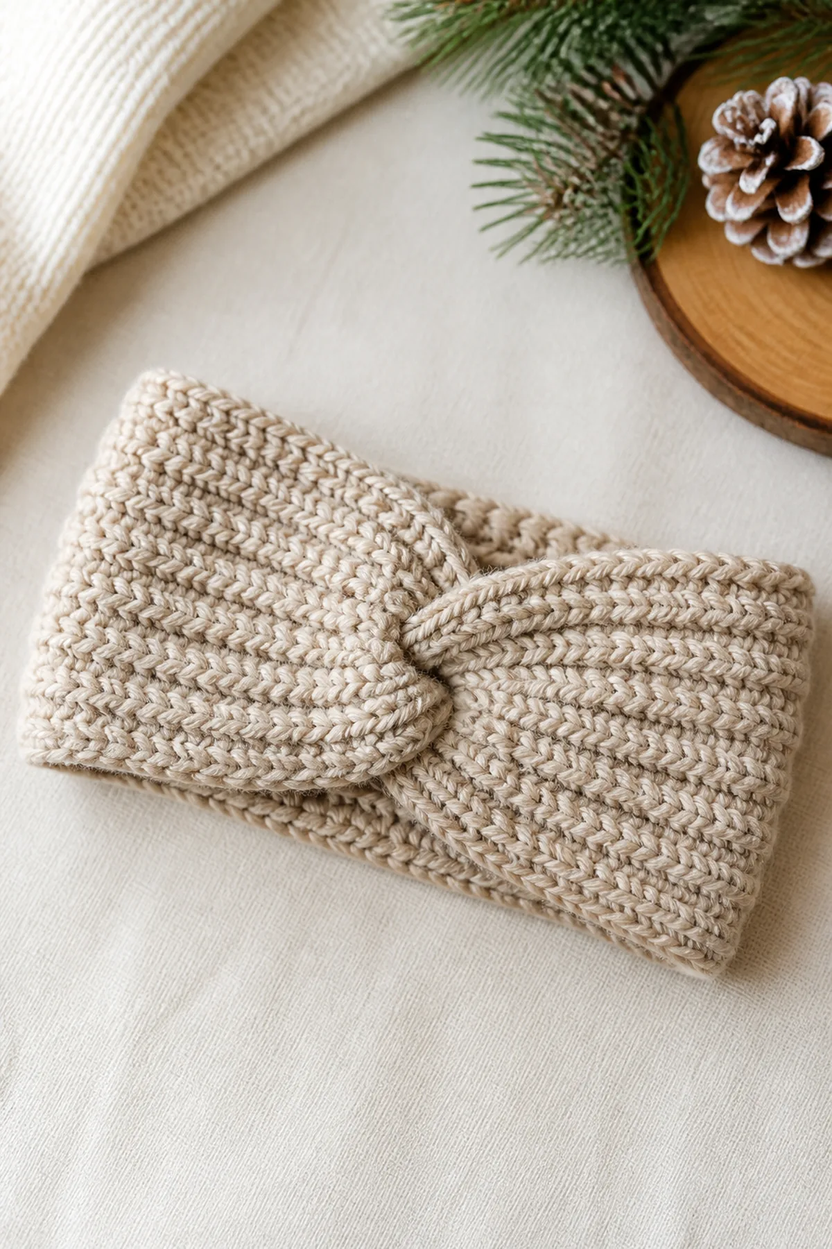 Finished oatmeal bulky crochet ear-warmer with deep ribbing and a clean centered front twist in a warm natural setting