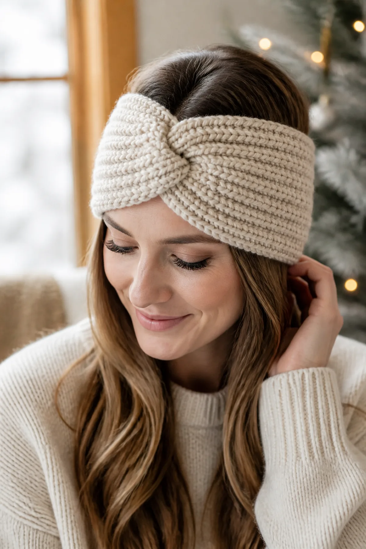Finished crochet winter headband displayed in a cozy home setting