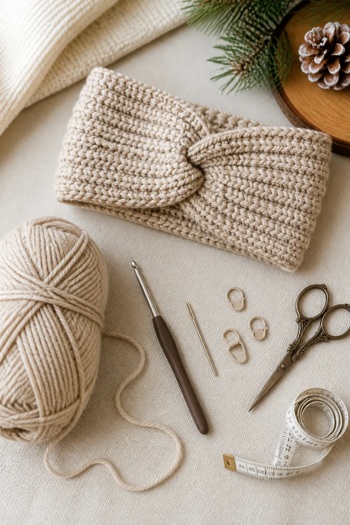Materials in oatmeal neutral with crochet hook, needle, markers, scissors, and tape