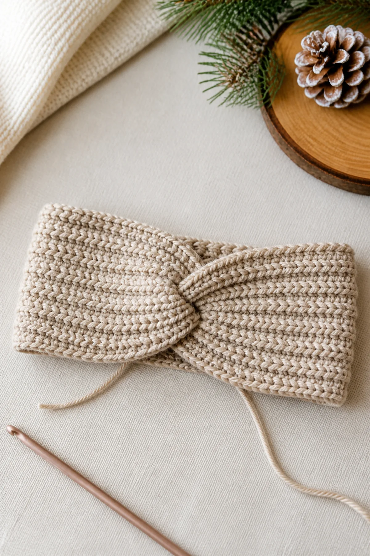 Early construction stage of the crochet winter headband