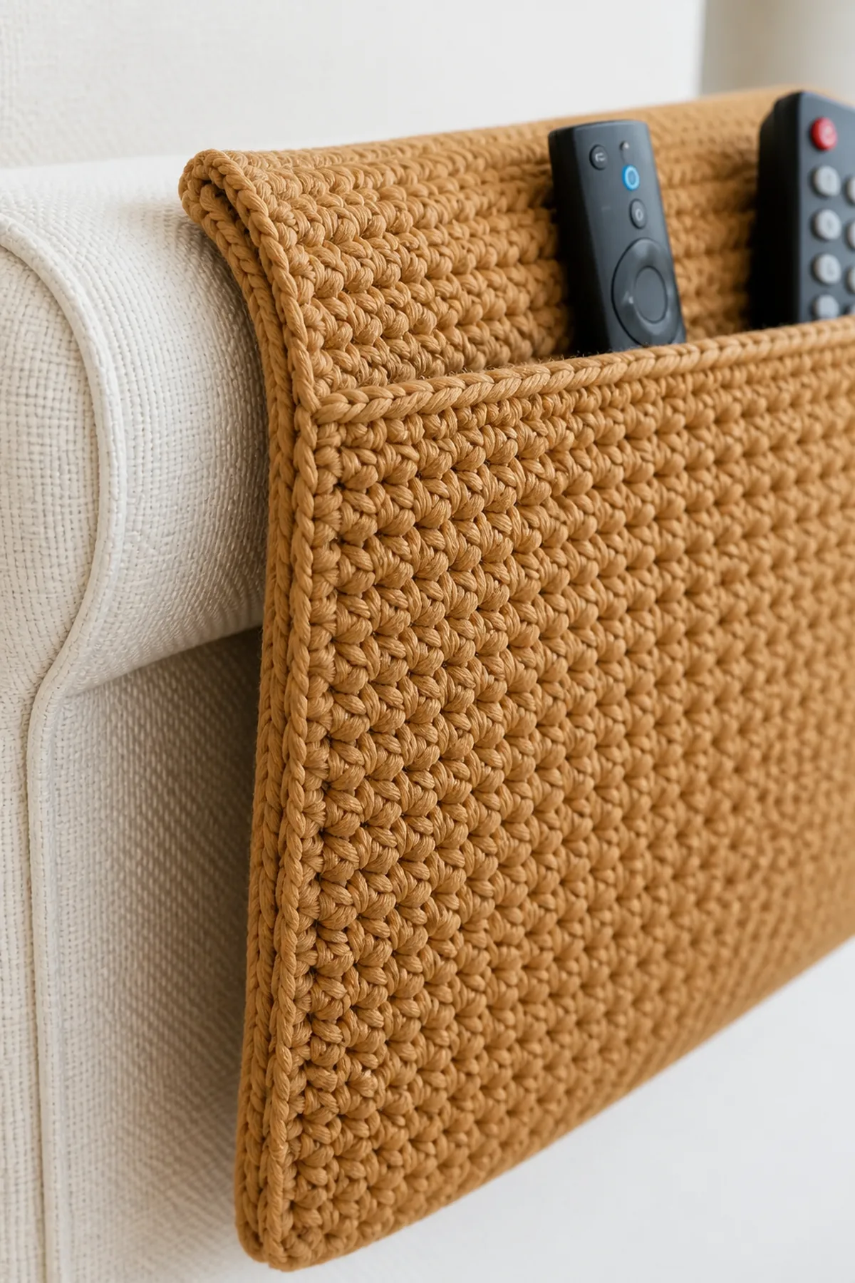 Close-up stitch detail on the camel crochet armchair remote caddy