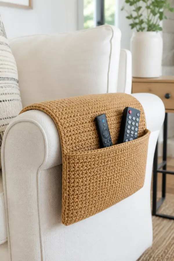 Finished camel crochet armchair remote caddy