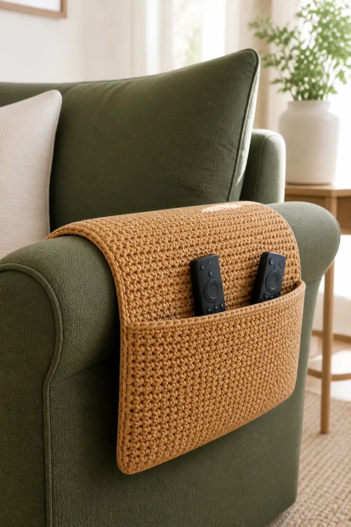 Finished camel crochet armchair remote caddy in a bright home setting