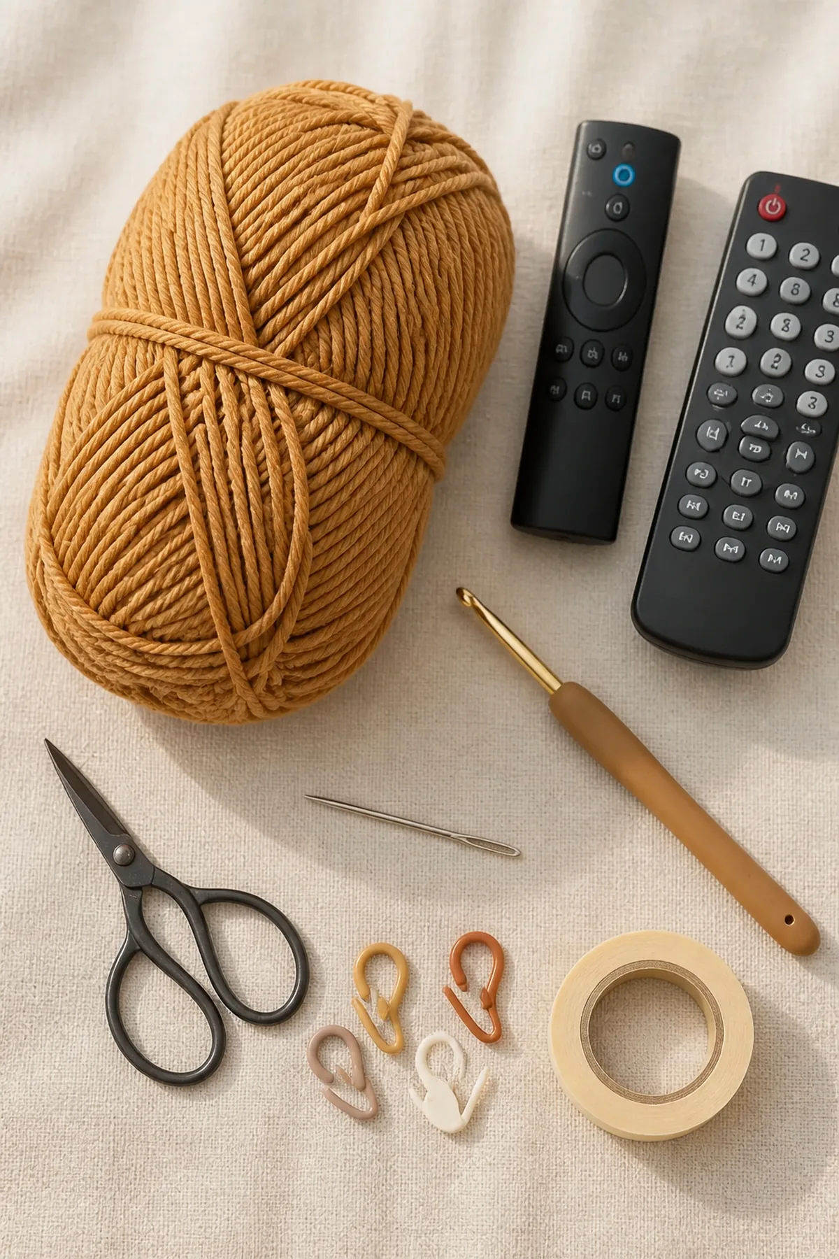 Yarn, hook, and materials for the camel crochet armchair remote caddy