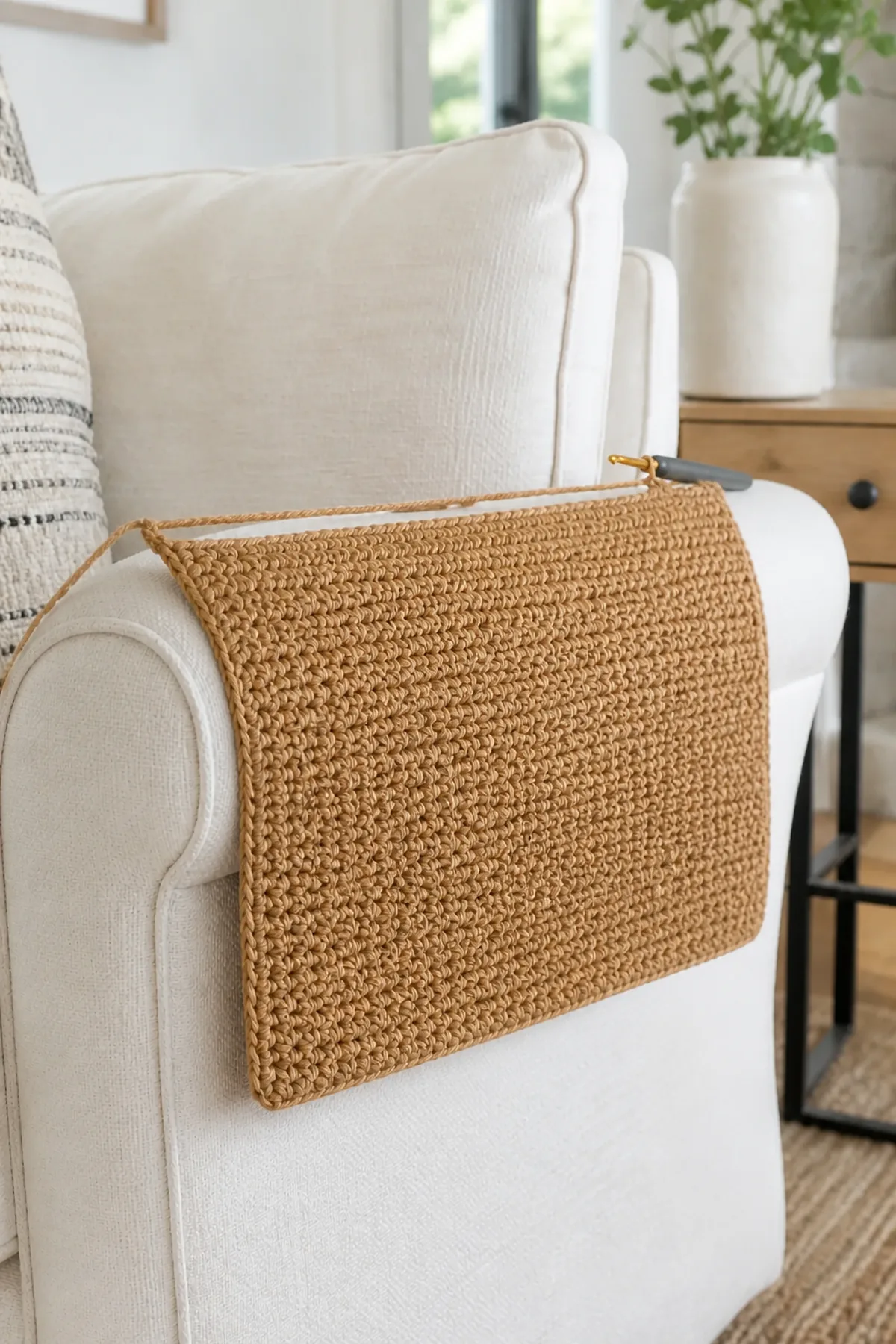 Early construction of the camel crochet armchair remote caddy