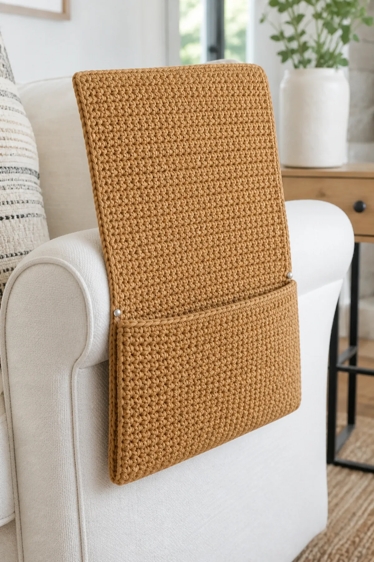 Later construction step for the camel crochet armchair remote caddy