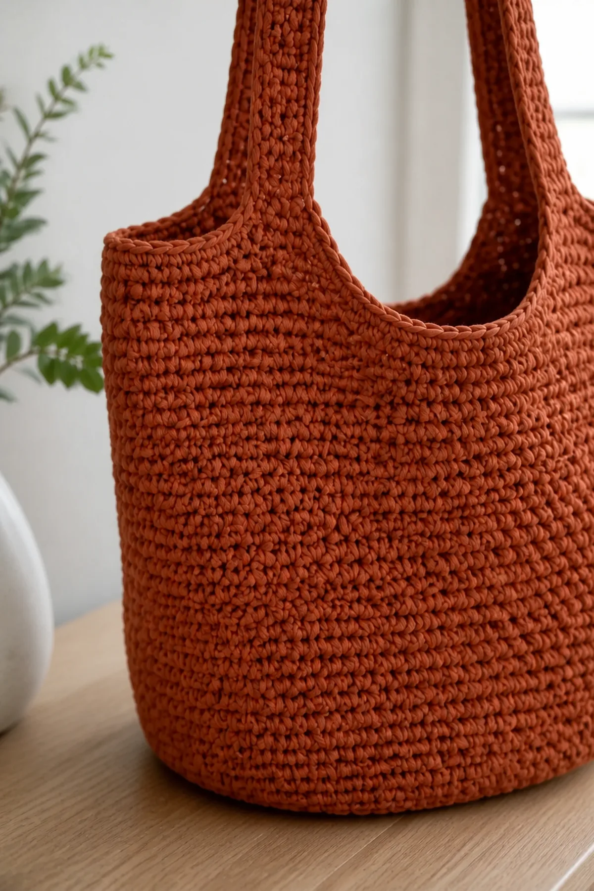 Close-up of the reinforced crochet handle opening and textured terracotta stitches