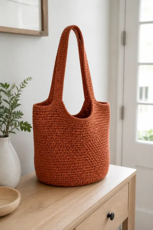 Terracotta cotton crochet everyday tote with integrated shoulder handles