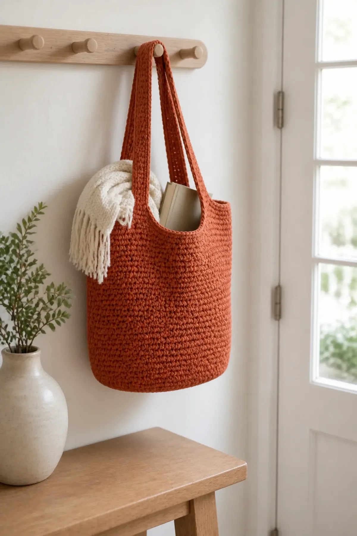Finished terracotta crochet tote hanging in a bright entryway with a scarf and book
