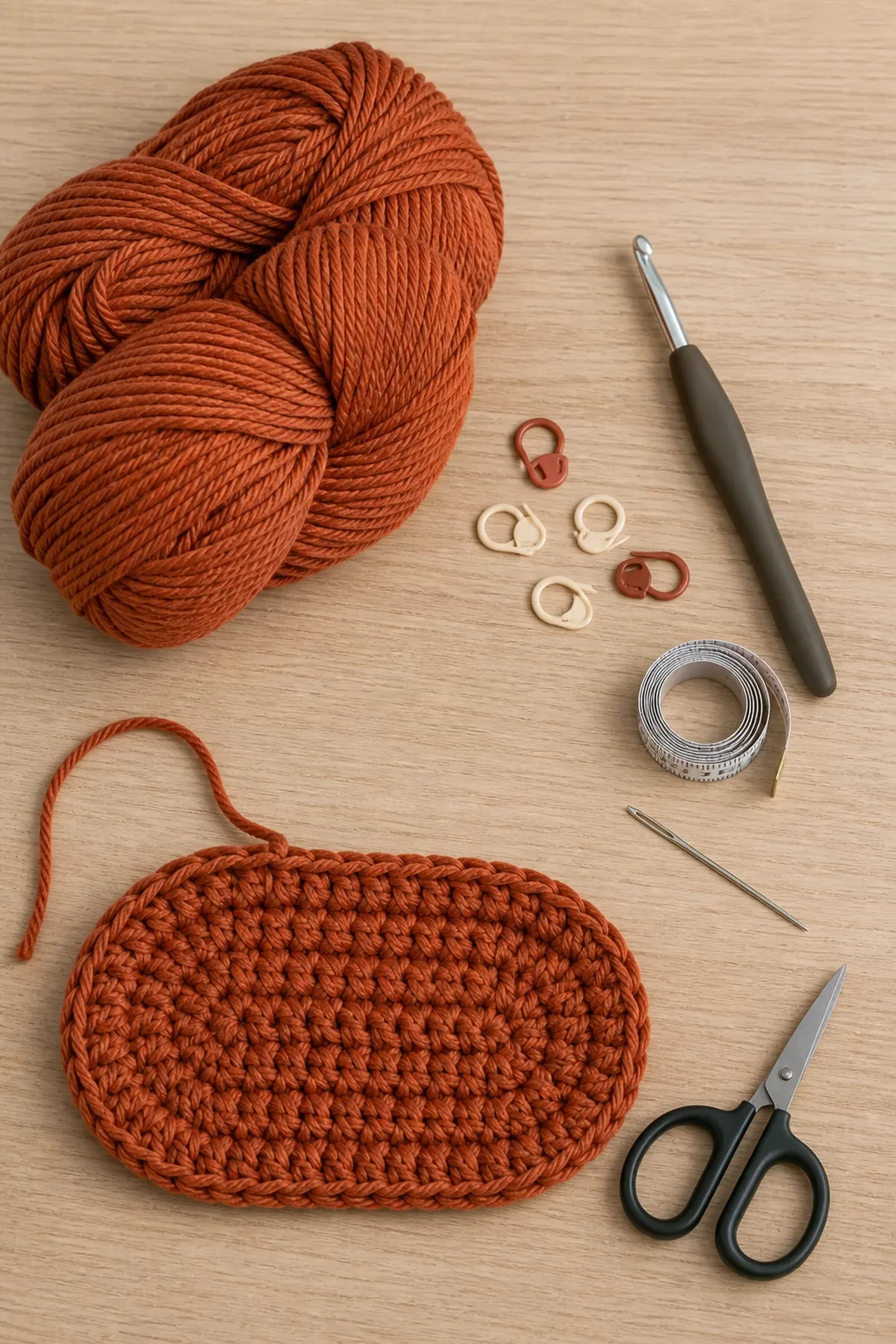 Terracotta cotton yarn, hook, notions, and a started oval crochet bag base