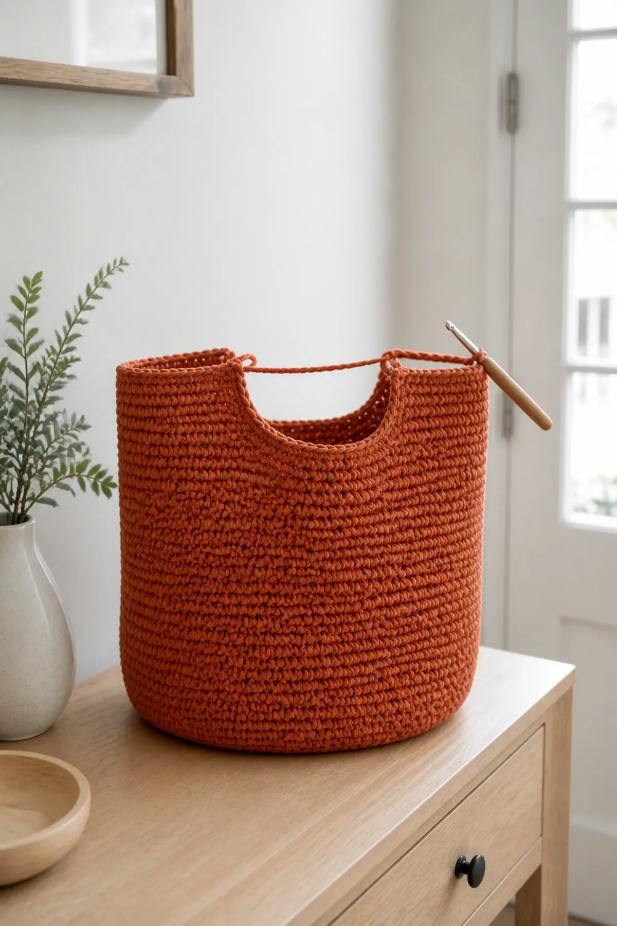 Tall terracotta crochet bag body with centered handle openings being formed