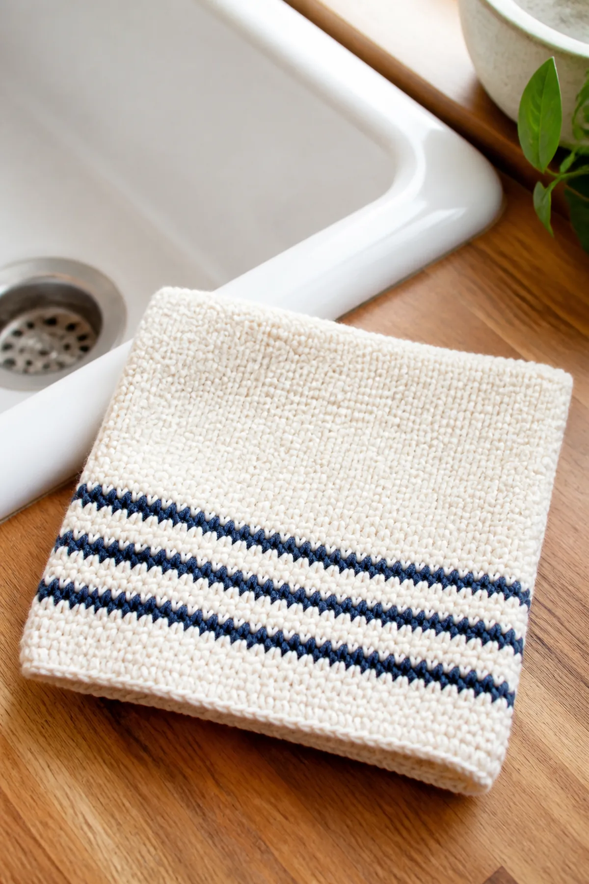 Finished ivory and navy striped farmhouse dishcloth