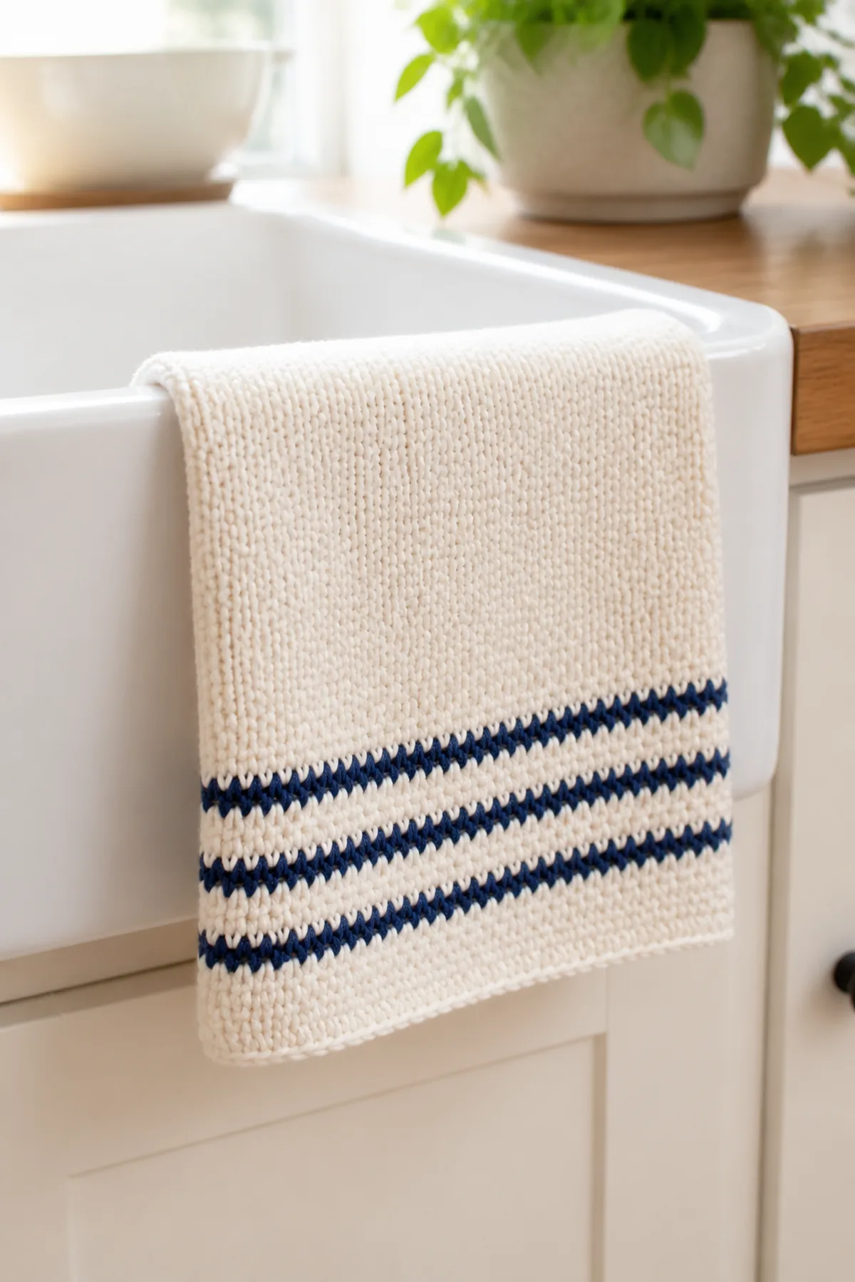 Finished ivory and navy striped farmhouse dishcloth in a bright home setting