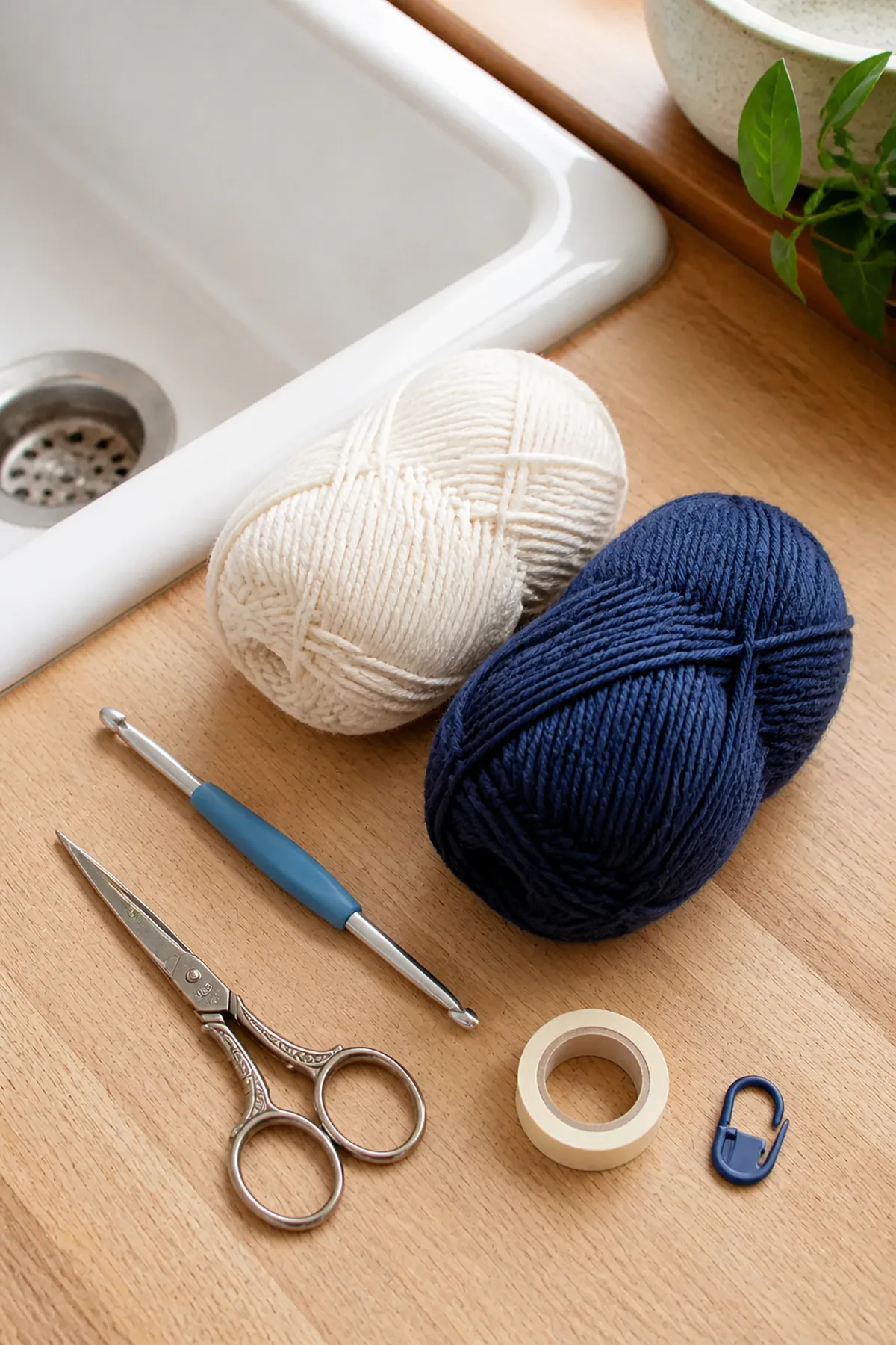 Yarn, hook, and materials for the ivory and navy striped farmhouse dishcloth