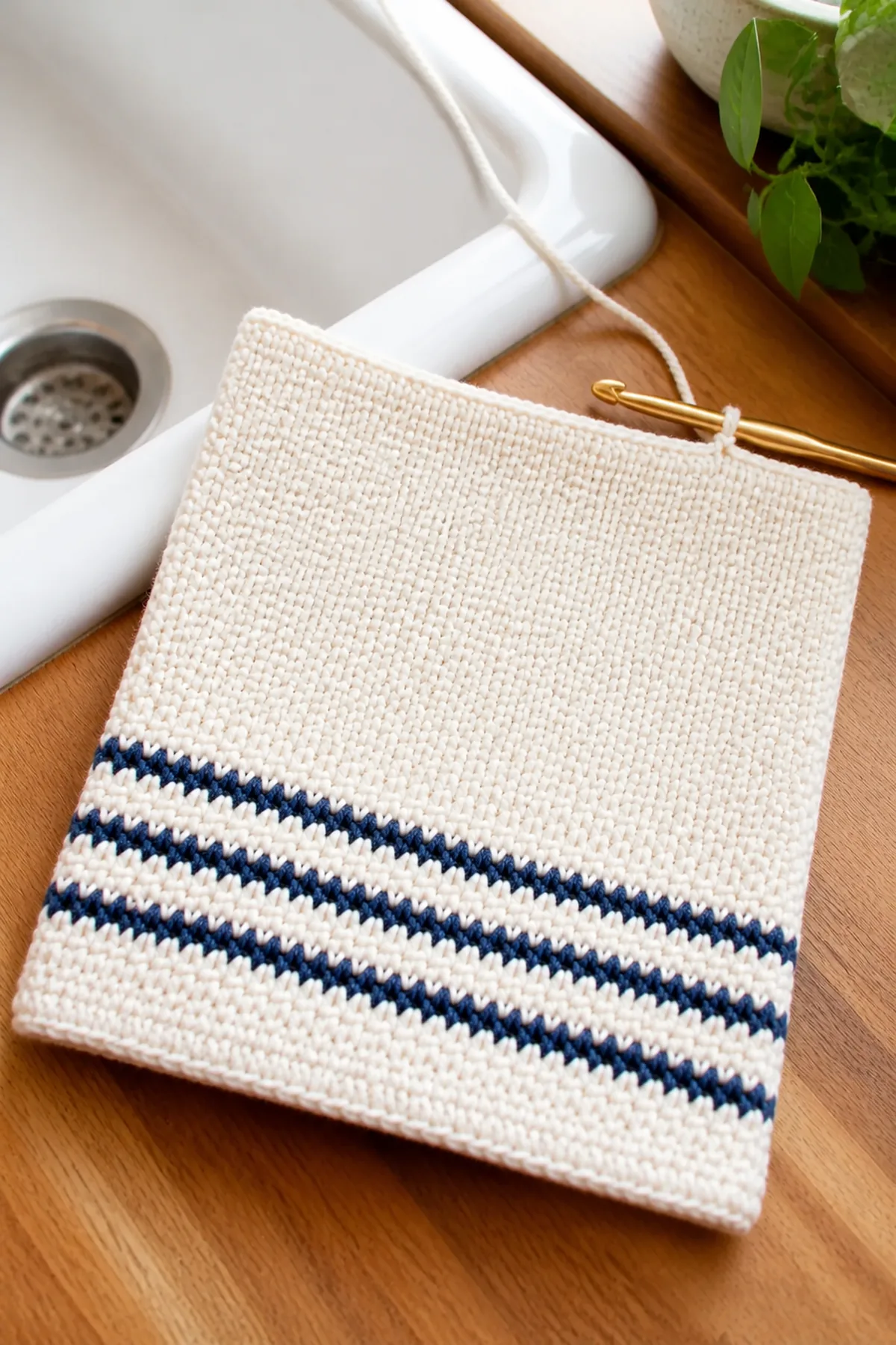 Later construction step for the ivory and navy striped farmhouse dishcloth