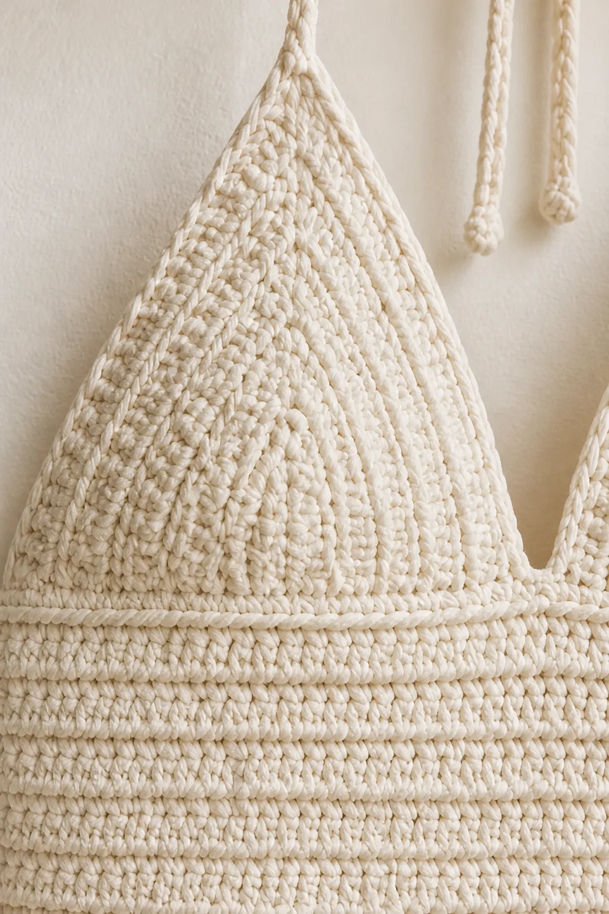 Close view of ivory crochet shaping, edging, and a braided neck tie