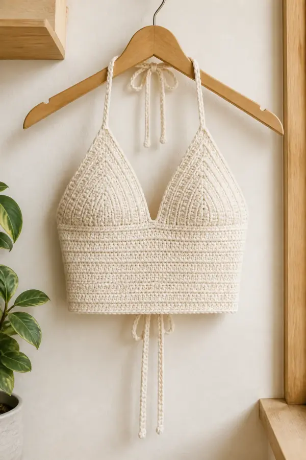 Ivory cotton crochet halter top displayed on a wooden hanger