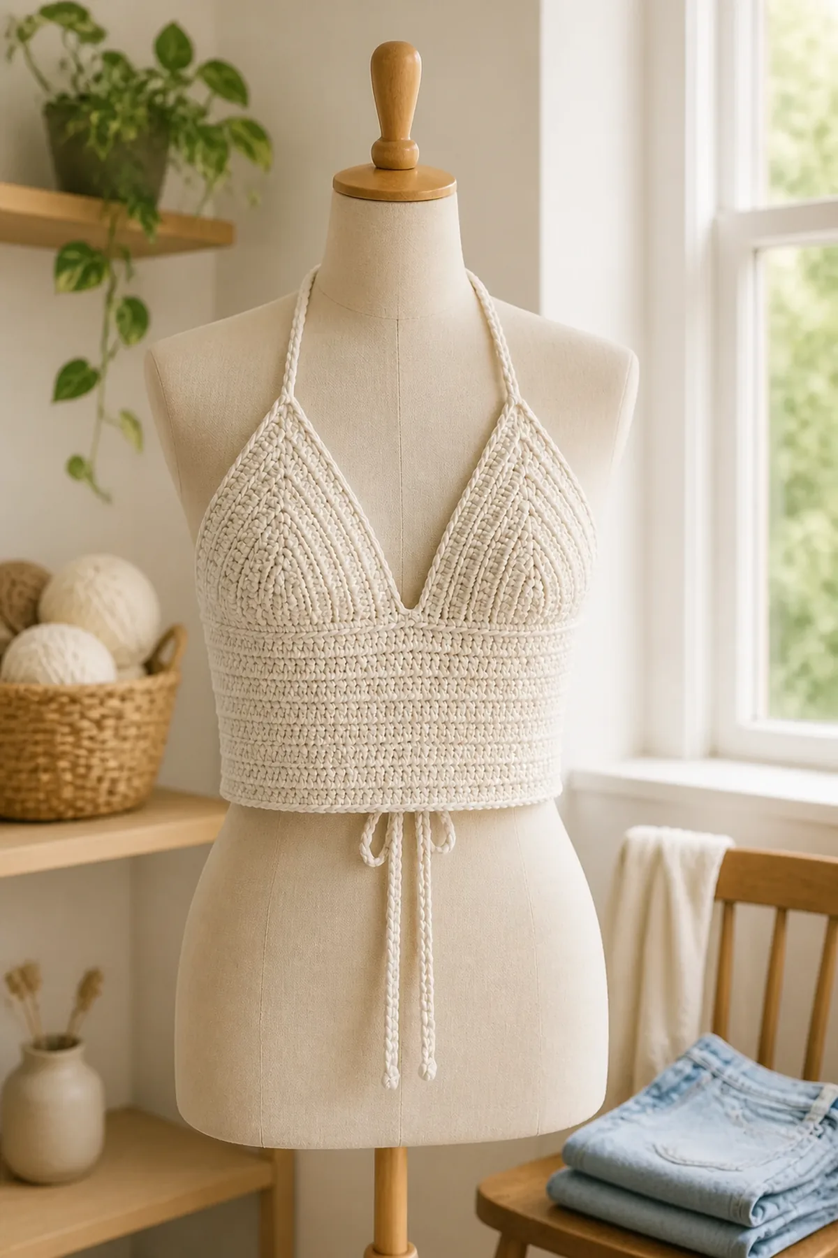 Finished ivory crochet halter top displayed on a linen dress form
