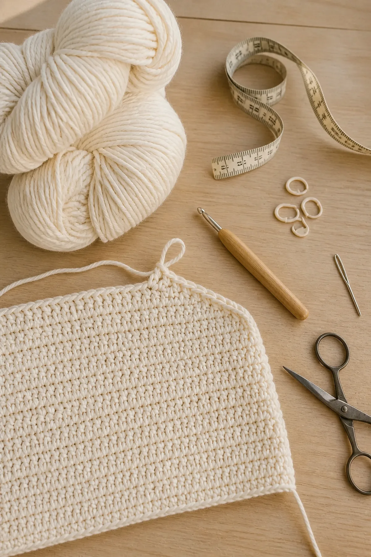 Ivory cotton yarn, crochet hook, measuring tape, markers, needle, scissors, and a started panel