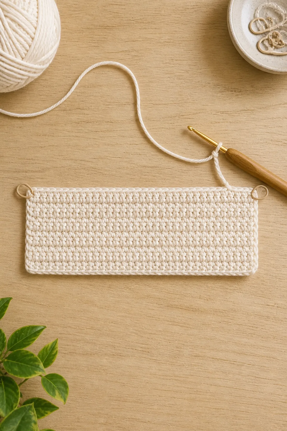 Early rectangular ivory crochet panel with hook and markers at the row edges