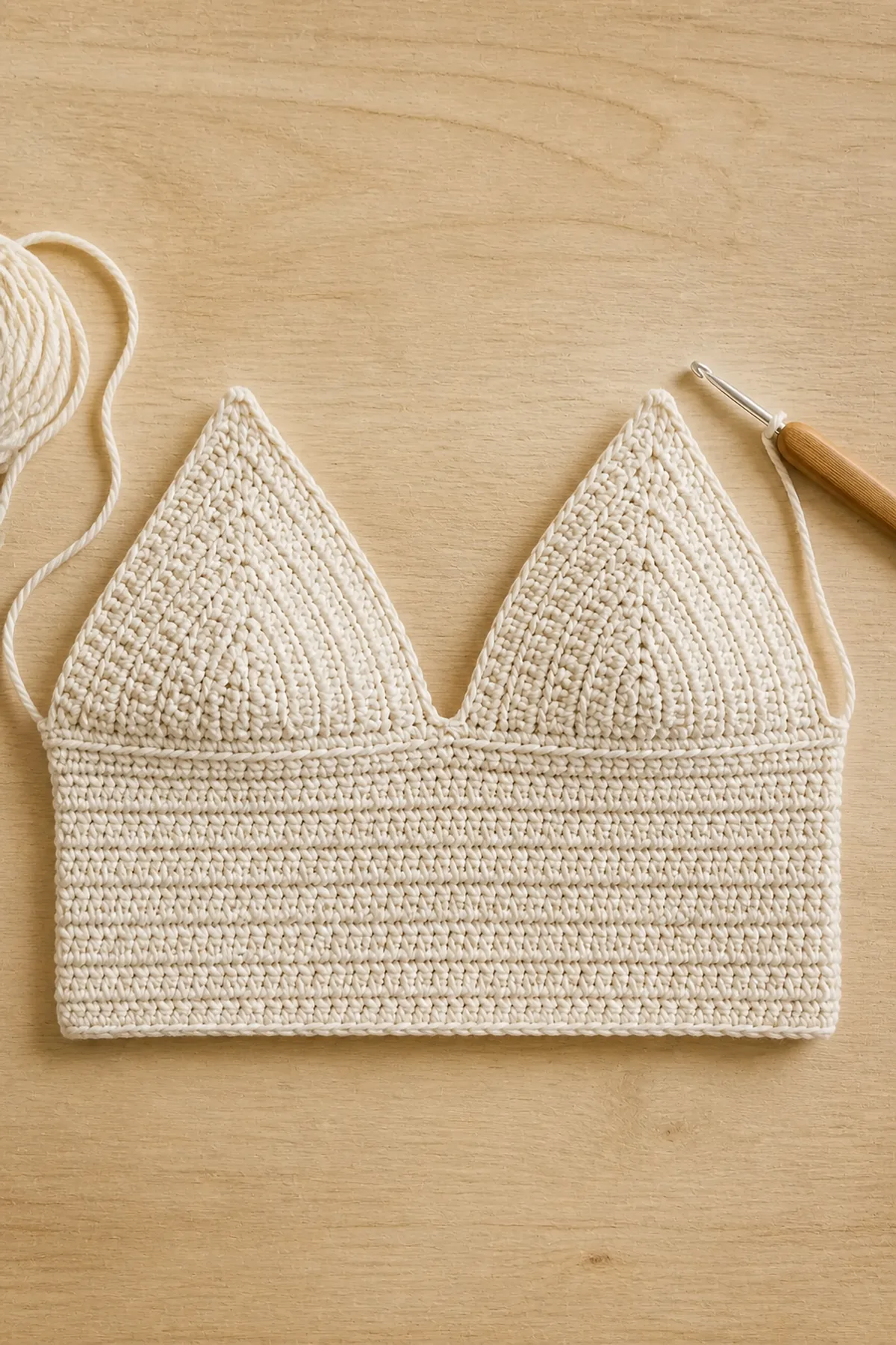Ivory halter panel with two shaped upper sections before ties are added