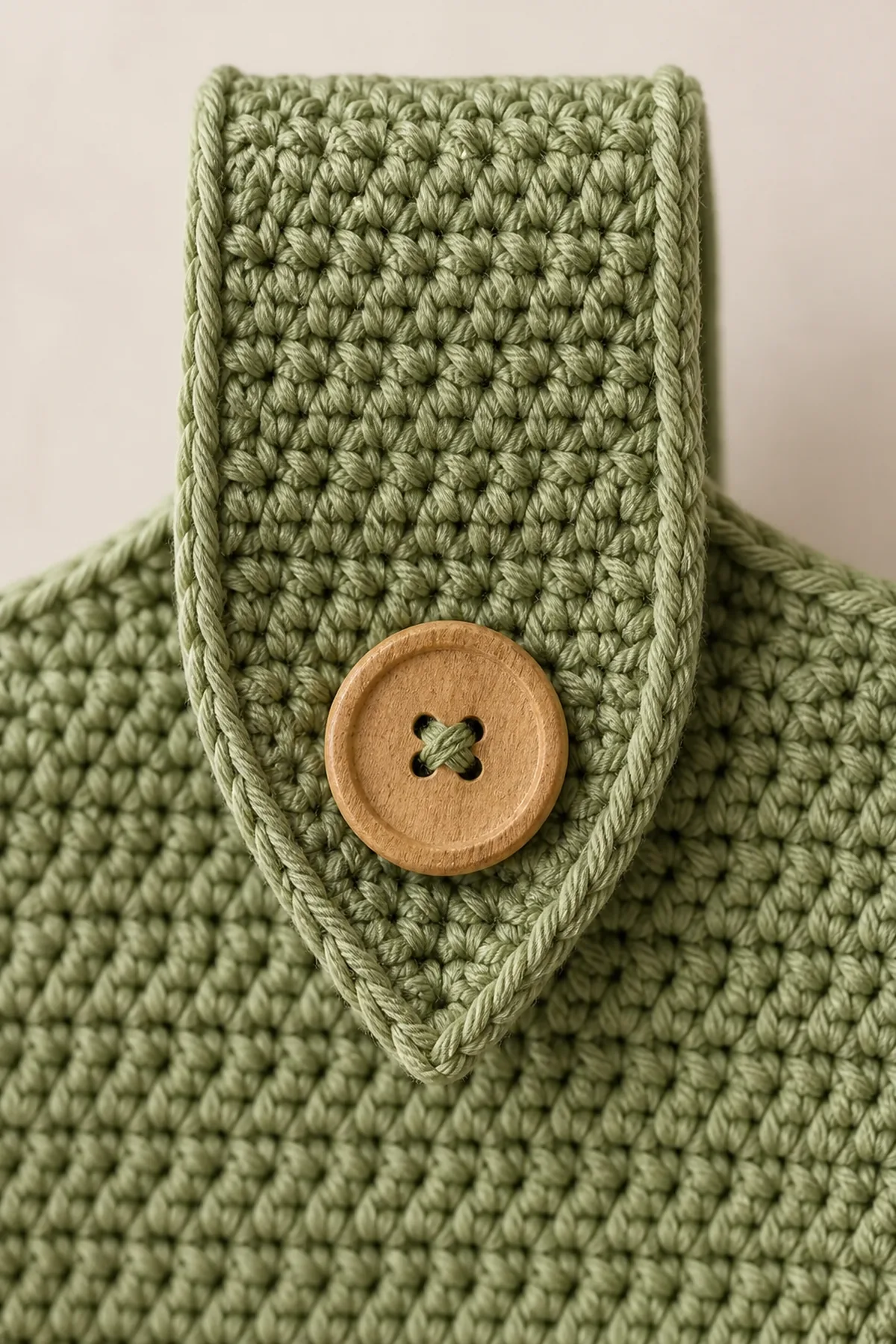 Close-up stitch detail on the sage green hanging kitchen towel with wood button