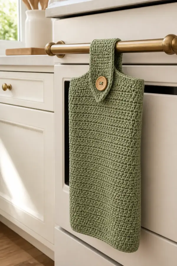 Finished sage green hanging kitchen towel with wood button