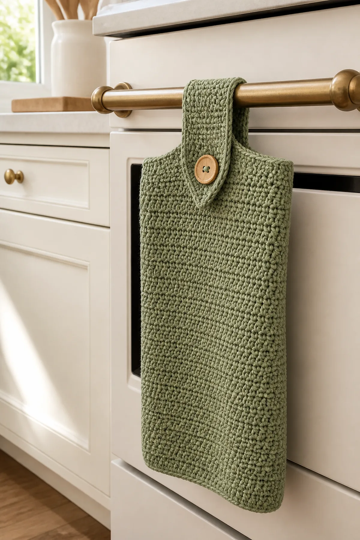 Finished sage green hanging kitchen towel with wood button