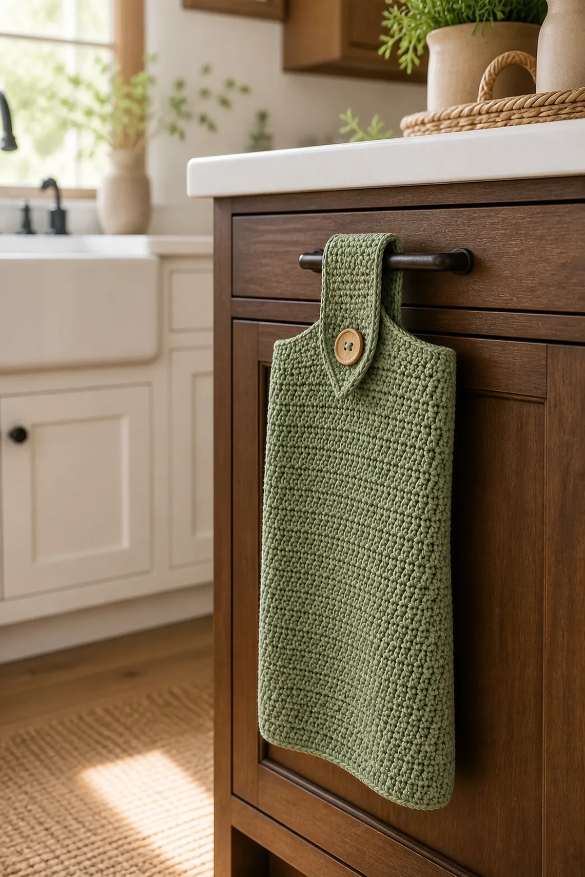 Finished sage green hanging kitchen towel with wood button in a bright home setting