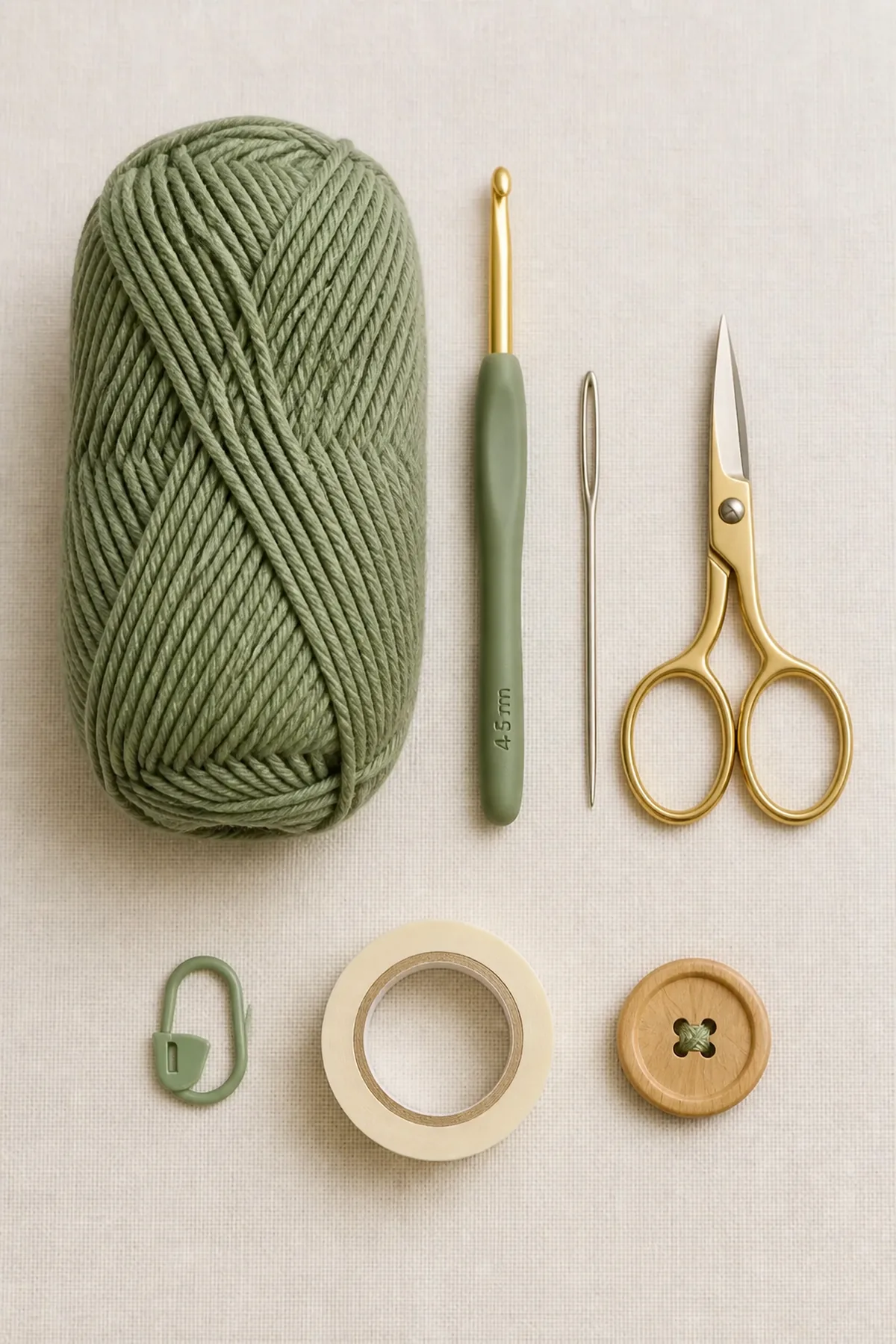 Yarn, hook, and materials for the sage green hanging kitchen towel with wood button