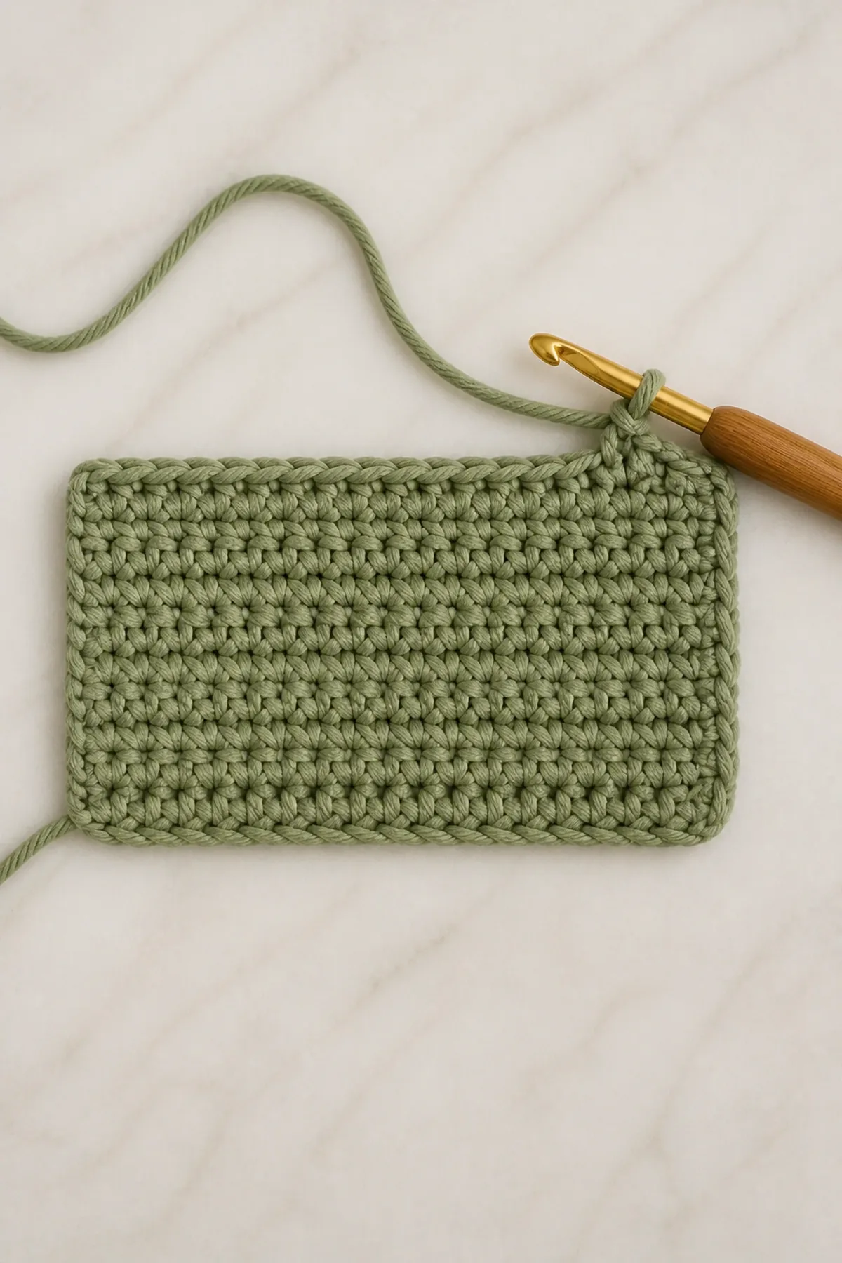 Early construction of the sage green hanging kitchen towel with wood button