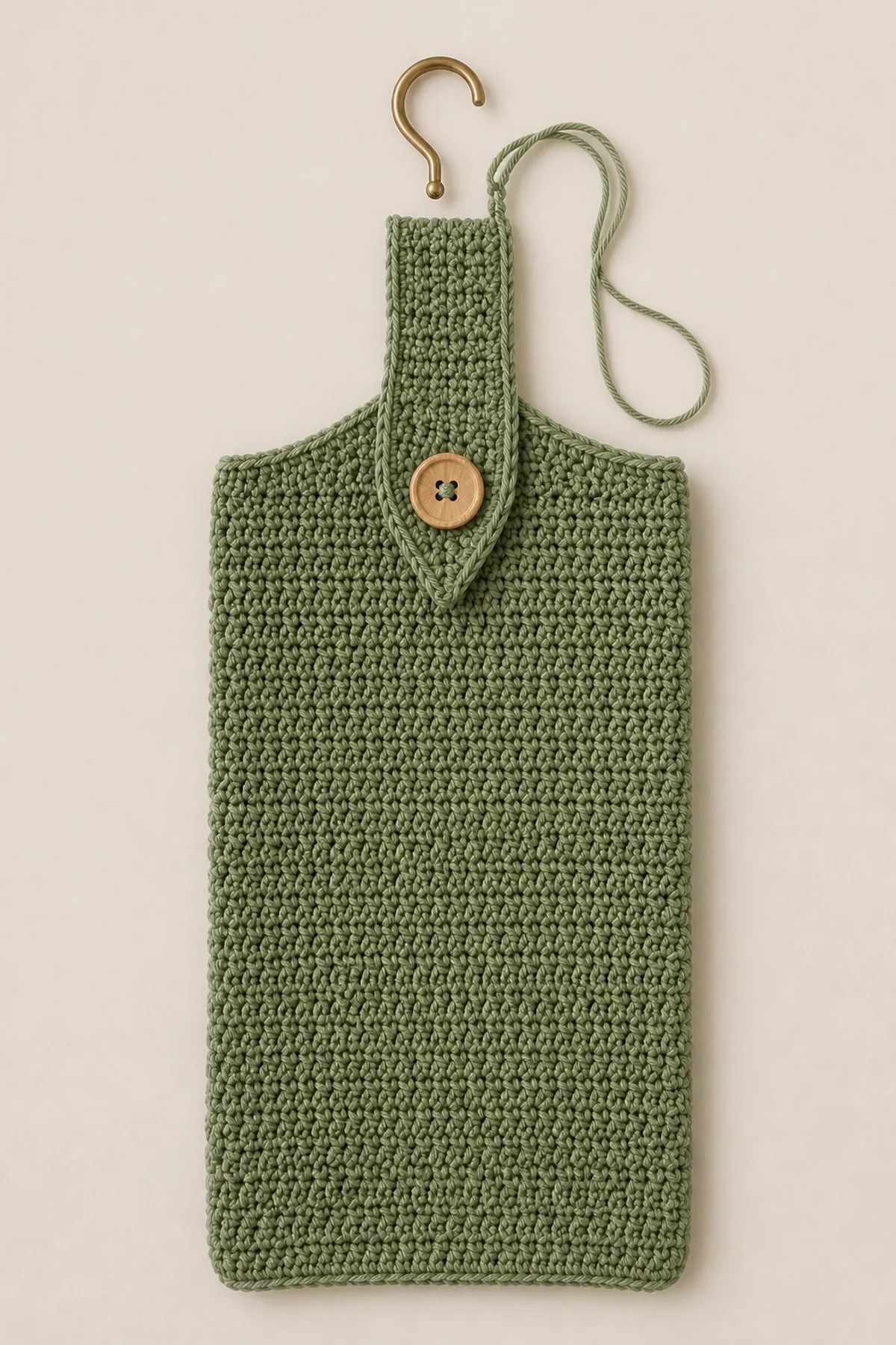 Later construction step for the sage green hanging kitchen towel with wood button