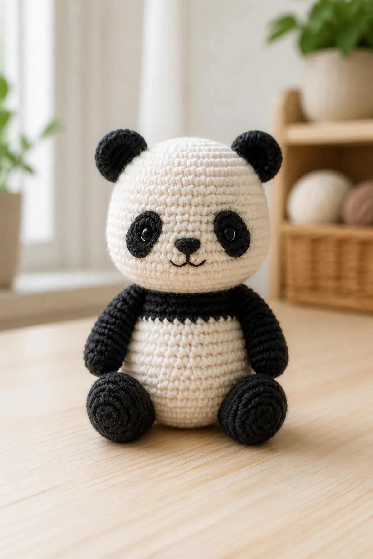 Classic seated cream and black crochet panda amigurumi