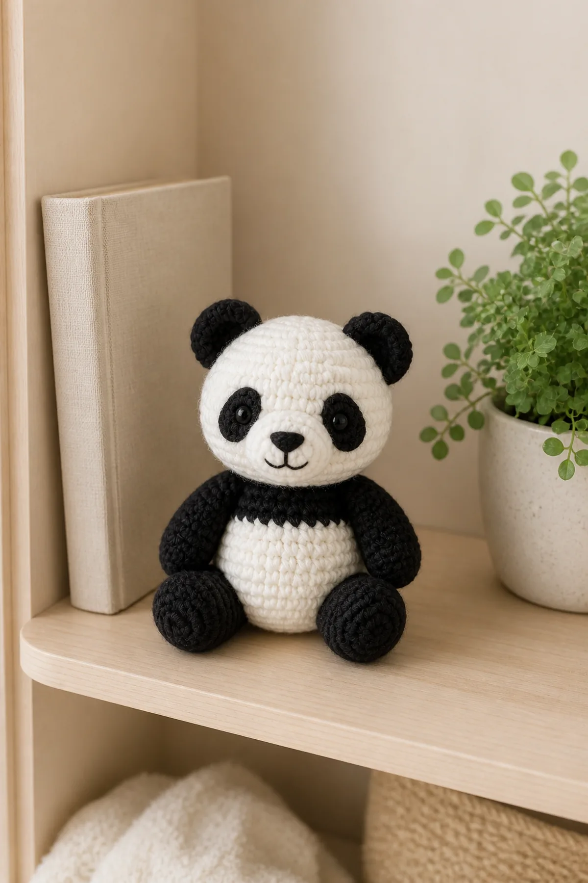 Finished seated crochet panda on a warm nursery shelf