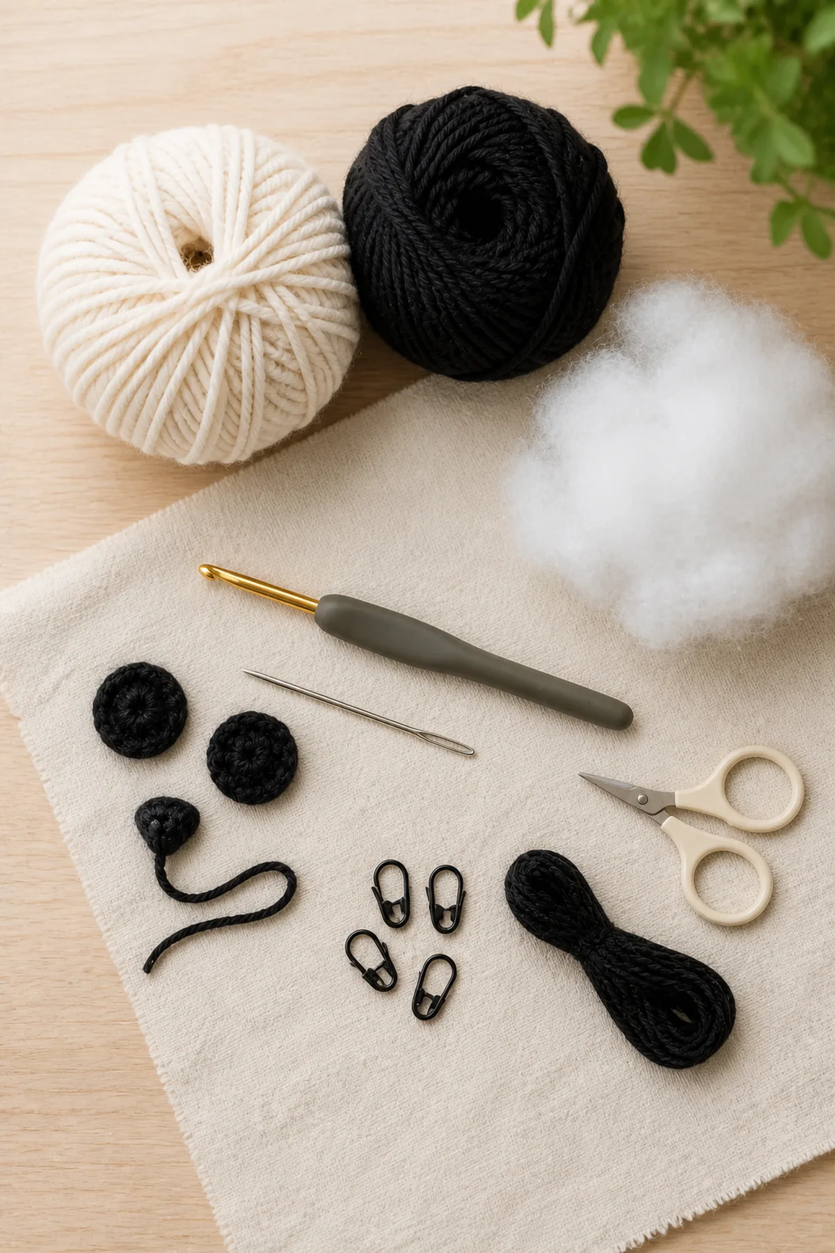 Cream and black yarn, hook, stuffing, and notions for the panda