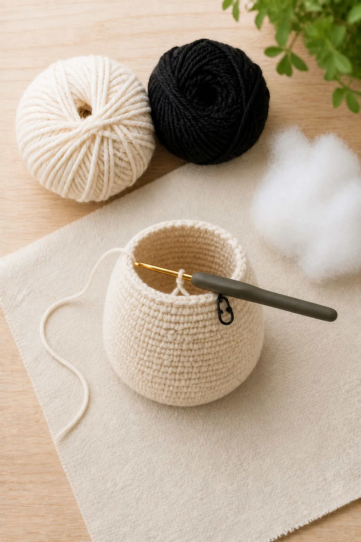 Early cream crochet panda body with hook and stitch marker
