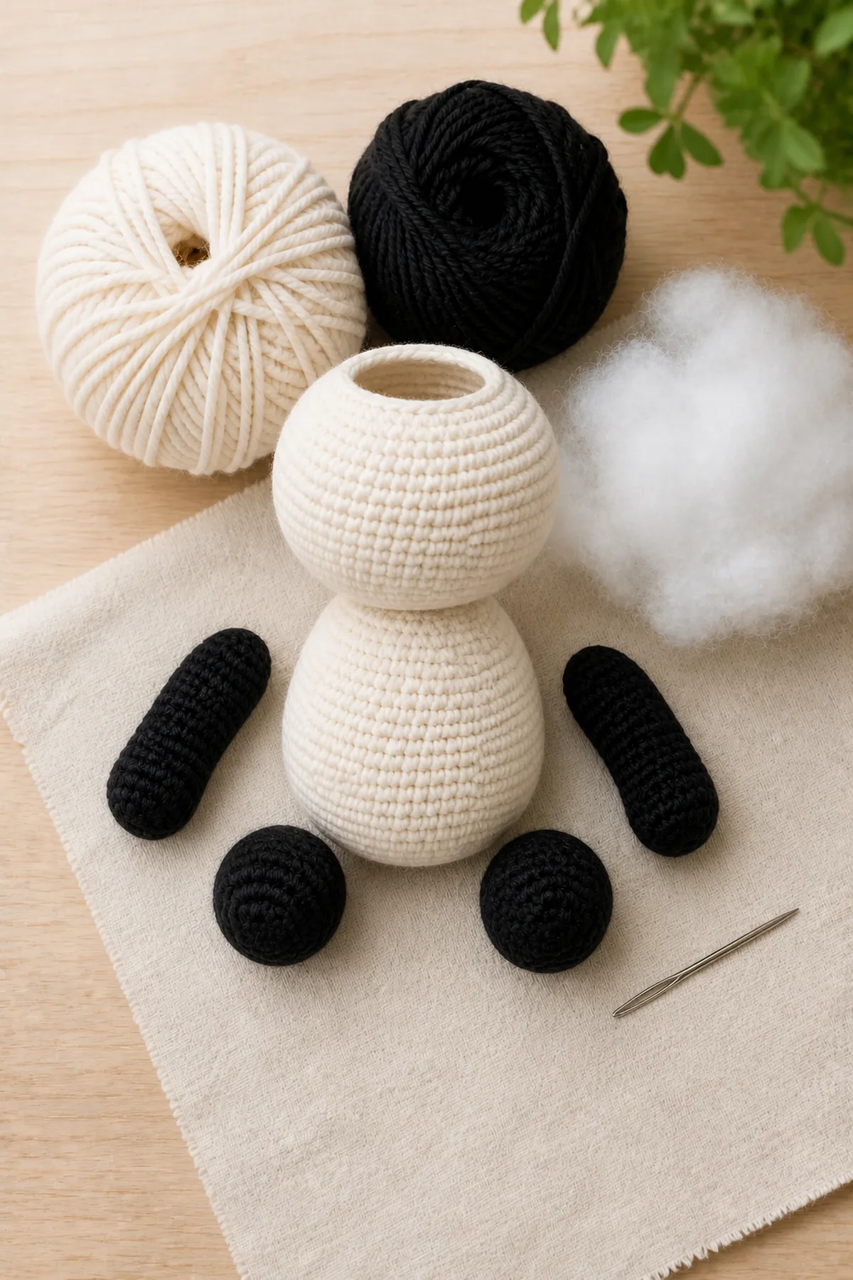 Stuffed panda core with black limbs positioned for attachment