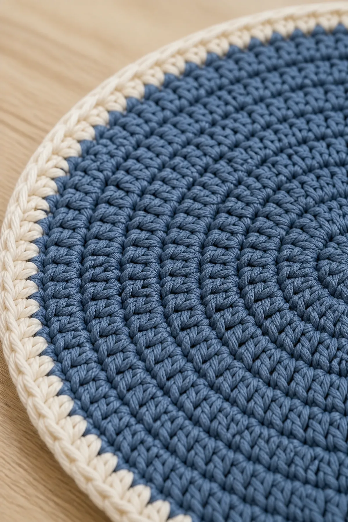 Close-up stitch detail on the slate blue oval pet bowl mat with cream border
