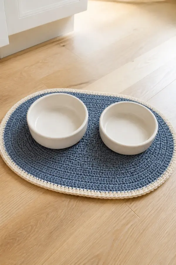 Finished slate blue oval pet bowl mat with cream border