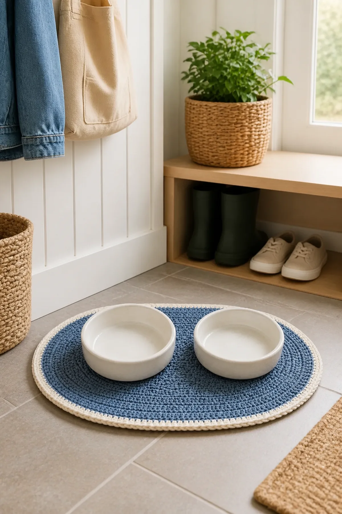 Finished slate blue oval pet bowl mat with cream border in a bright home setting