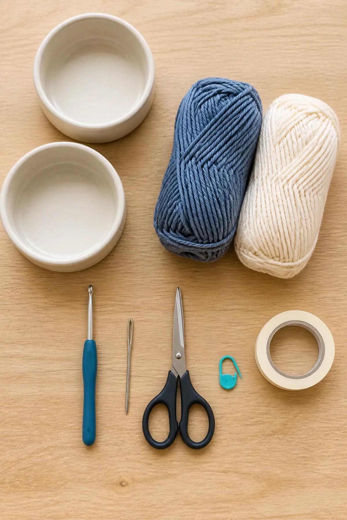 Yarn, hook, and materials for the slate blue oval pet bowl mat with cream border